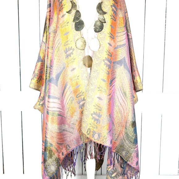Metallic feather pashmina reversible kimono cover up - Picture 2 of 7